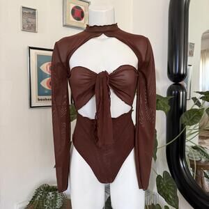 House of CB Avery Brown Power Mesh Tie Front Bodysuit